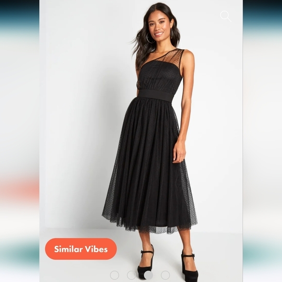 NWT $168 Modcloth Night Long One-Shoulder Dotted Tulle Dress In Black Size S - Picture 1 of 11